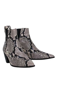 Current Boutique-M. Gemi - Grey & Black Snake Print Booties Sz 8 Black Snake Print Boots For Fall, Black Snake Print Ankle Boots, Fall Snake Print Ankle Boots, High Heel Snake Print Boots For Fall, Snake Print High Heel Boots For Fall, Fall Snake Print High Heel Boots, Chic Snake Print Ankle Boots, Chelsea Boots Style, French Girl Chic