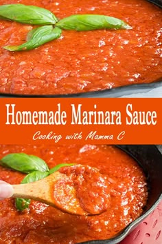 homemade marinara sauce in a skillet with basil leaves on top and the title above it