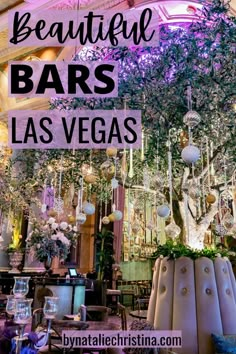 the inside of a restaurant with purple lights and plants hanging from it's ceiling