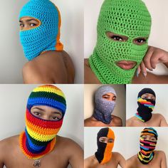 four photos of different types of crocheted hats and face coverings for men