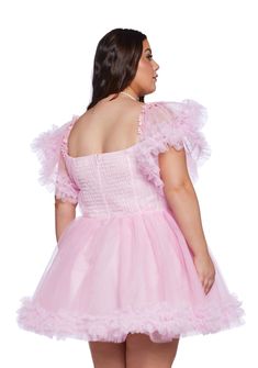 This mini dress has a tulle construction, an off the shoulder design with fabric lace and bow detailing, a ruffled trim, and a back zipper closure. Lace Trim Mini Dress For Homecoming, Coquette Lace Mini Dress With Ruffles, Tulle Mini Dress With Ruffles For Homecoming, Homecoming Tulle Mini Dress With Ruffles, Coquette Mini Dress With Ruffles For Evening, Pink Coquette Dress With Ruffles, Feminine Tulle Mini Dress With Ruffles, Feminine Ruffle Dress For Homecoming, Feminine Ruffled Homecoming Dress