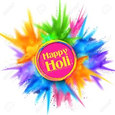 happy holi background with colorful powder and sprinkles on white stock photo