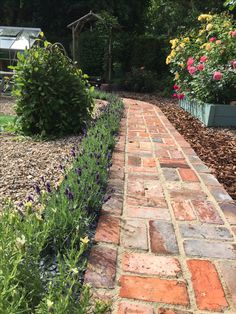 a brick path in the middle of a garden with flowers and plants growing on either side