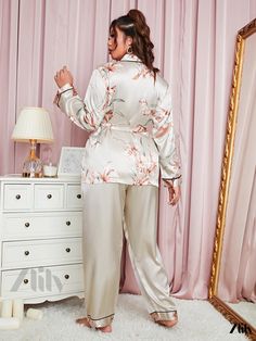 Zlily - Elegant Plus Size Floral Print Pajama Set with Belt - Womens Long Sleeve Top and Pants Sleepwear, 2-Piece Ensemble Matching Sleepwear Set With Long Pants, Matching Sleep Set With Long Pants, Floral Print Long Sleeve Loungewear Pant Set, Long Sleeve Floral Print Loungewear Pant Set, Floral Pajama Set, Elegant Plus Size, Pyjama Satin, Print Pajamas, Long Sleeve Top