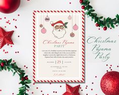 a christmas party flyer with ornaments and decorations