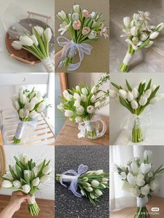 a collage of photos showing different flowers in vases and ribbons tied to them