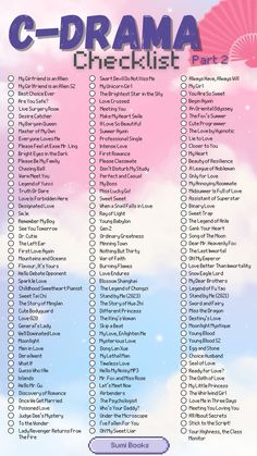 the c - drama checklist is shown in pink and blue with clouds behind it