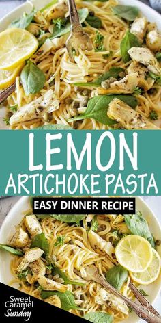 lemon artichoke pasta with chicken and spinach in a white bowl