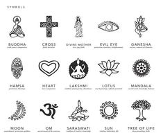 twelve symbols of the seven chakras in black and white on a white background