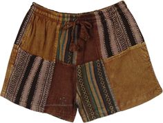 An earthy muse pair of shorts made of thicker handmade cotton with stonewash multicolor dari striped fabric, solids and stripes overdyed in brown that stand out like a charm. The all-weather shorts feature a pocket on either side. #tlb #bohemianfashion #Handmade #Patchwork #HippieShorts Brown Cotton Shorts, Brown Bohemian Shorts, Bohemian Brown Shorts For Summer, Brown Bohemian Shorts For Summer, Bohemian Brown Cotton Shorts, Hippie Shorts, Patchwork Shorts, Solid And Striped, Hippie Look