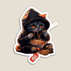 a sticker with an image of a cat wearing a hoodie eating noodles from a bowl