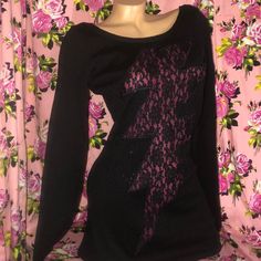 Betsey Johnson Size Medium New With Tags 61% Cotton 26% Silk 2% Rayon Black And Pink Lace Lightening Bolt Sweater Scoop Off The Shoulder Dress Edgy Pink Tops For Party, Edgy Pink Party Tops, Pink Lace Trim Top For Night Out, Pink Lace Dress, Lace Pink Dress, Dress Silk, Off The Shoulder Dress, Black And Pink, Pink Lace