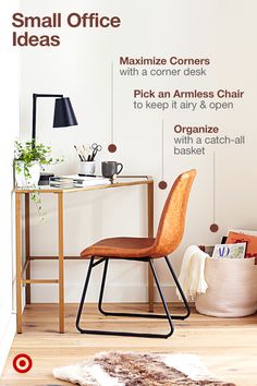 a small office desk with an armless chair next to it and a rug on the floor