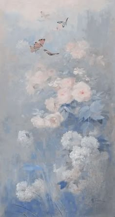 an oil painting of flowers and birds flying in the sky above it is a blue vase filled with pink roses