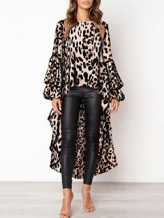 Dip Hem Blouse, Leopard Print Outfits, Lantern Sleeved Blouses, Gaun Fashion, High Low Maxi Dress, Leopard Blouse, Leopard Fashion, Leopard Print Top, Leopard Print Blouse