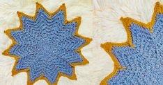 two blue and yellow crocheted rugs sitting on top of a white blanket