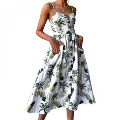 Pineapple Party Midi Dress Price: 62.00 & FREE Shipping #dreamcatchershop #nativeamericanwoman#BohoChic #gypsycob #spiritualism #meditationinspiration Valentino Wedding Dress, فستان زهري, Bohemian Beach Dress, Printed Beach Dresses, Red And White Dress, Casual Sundress, Boho Beach Dress, Midi Sundress, Bohemian Floral