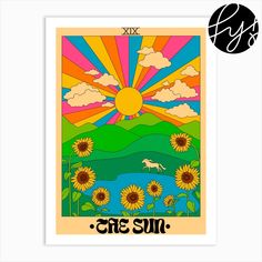 the sun tarot card is shown with flowers and mountains in the background, as well as