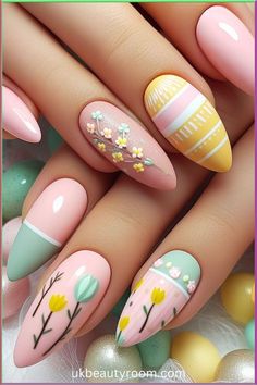 Step into the Easter vibe with these 21 fantastic nail designs! Whether it's adorable bunnies or vibrant eggs, we've got you covered to... Pastel Gel X Nails, Easter Nail Designs Almond Shape, Easter Nails Almond Shape, Easter Nail Designs Spring, Green Easter Nails, Easter Almond Nails, Spring Almond Nails Designs, Classy Easter Nails, Easy Easter Nail Designs