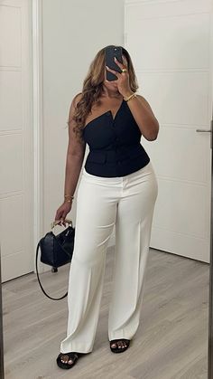 Curvy outfit, Summer outfit inspo, Black and white, Black and white summer looks, Black corset top, White pants, Wide leg pants, Wide leg white pants, How to wear corset top, How to wear white,Curvy outfit summer, Curvy fashion, Midsize outfit summer, Black waist coat, How to wear waist coat, Waist coat outfit, Waist coat summer looks, outfit inspo, French girl fashion, French girl outfit, European girl style, French girl summer outfit, Minimalist fashion, Effortless outfits, Effortless chic, Chic outfit, Elegant outfit style, Styling looks, Clean girl style, Clean girl aesthetic, Old money fashion, Old money outfits, 90's fashion #zara #hm #whiteaesthetic #fashioninspiration #fashiondaily #fashiongram #summerstyle #midsize Curvy Elegant Outfit Summer, Pants And Corset Outfit Elegant, Black Girls Old Money Outfits, Corset And Pants Outfit, Waist Coat Outfit, White Flare Pants Outfit, French Girl Summer, Curvy Outfits Summer, Wide Leg White Pants