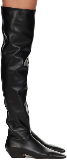 Over-the-knee buffed calfskin boots in black. · Pointed square toe · Zip closure at inner side · Suede lining · Stacked calfskin heel with rubber injection · Calfskin outsole · Heel: H1 in Supplier color: Black Flat Tall Boots, Thigh High Boots Flat, Boots Flat, Flat Boots, Thigh High Boots, Tall Boots, Thigh High, Boot Shoes Women, Thigh Highs