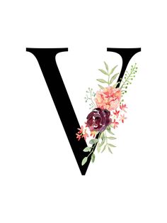 the letter v is decorated with flowers and leaves