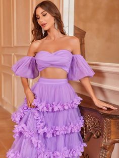 Sheer : No Style : Party Pattern Type : Plain Fabric : Slight Stretch Sleeve Type : Puff Sleeve Neckline : Off the Shoulder Tops & Skirts Material : Mesh Fabric Details : Appliques, Contrast Mesh, Tiered Layer Tops & Skirts Composition : 95% Polyester, 5% Elastane Size US Length Sleeve Length Bust XS 2 13 20.5 70 S 4 13.5 21 75 M 6 14 21.5 80 L 8/10 14.5 22 85 XL 12 15 22.5 90 Purple Ruffled Mini Skirt For Party, Purple Ruffled Skirt For Party, Purple Mini Skirt For Party, Fitted Purple Mini Skirt For Party, Purple Tiered Skirt Party Dresses, Party Mini Skirt With Ruffles In Purple, Party Purple Ruffled Mini Skirt, Spring Party Skirt In Purple, Purple Party Skirt For Spring