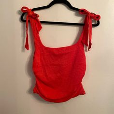 P2p: 16" Length: 19" Material: 100% Cotton, Lining: 65% Polyester, 5% Elastane L0014 Red Casual Tie Back Top, Casual Ruched Tank Top For Vacation, Tied Cotton Tops, Casual Tie Back Tank Top For Brunch, Orange Crop Top, Rayon Pants, Jelly Shoes, Walker Boots, Blush Makeup