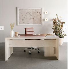 an office desk with a chair and potted plant