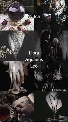 a collage of images with the words witch and libra aquarius leo written below