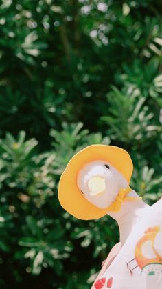 a bird with a yellow hat on it's head is standing in front of some trees