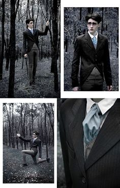 four different shots of a man in a suit and tie standing in the woods with trees