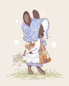 a cartoon mouse in a blue dress holding onto a flower pot and wearing a bonnet