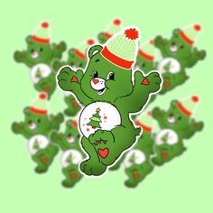 a green teddy bear with a christmas tree on his chest surrounded by many other bears