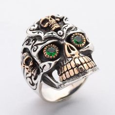 Sugar Skull Ring, Biker Ring, Mexican Ring, Mens Emerald Ring, Emerald Men's Ring, Sterling Silver b Biker Style Skull Jewelry, Silver Skull Biker Jewelry, Biker Silver Skull Jewelry, Skull Eyes, Mexican Ring, Mens Emerald Rings, Sugar Skull Ring, Onyx Ring Men, Sterling Silver Skull Rings