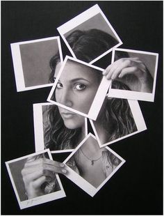 a black and white photo of a woman's face surrounded by photos