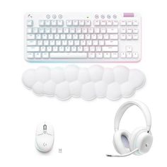 a computer keyboard, mouse and headphones on a white background