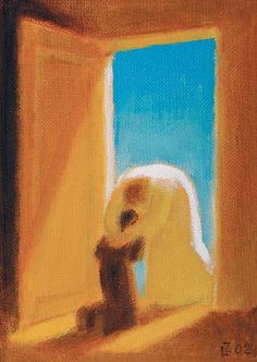 an oil painting of a cat sitting in front of a window looking out at the sky