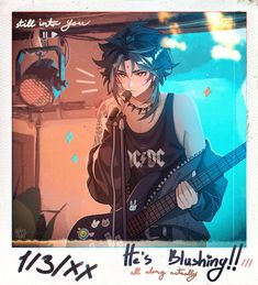 an anime character holding a guitar in front of a microphone with the words it's flushing