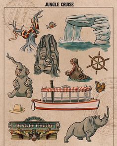 the jungle cruise poster has animals and other things on it