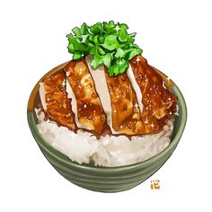 a drawing of some food in a bowl on rice with sauce and garnishes