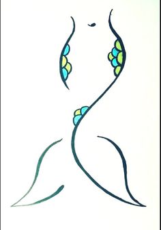 a drawing of a woman's face with blue, yellow and green leaves on it