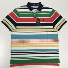 Polo Ralph Lauren VTG Retro Rainbow Striped Colorblocked Mesh Rugby Polo Shirt M | eBay Multicolor Collared Top With Color Matching, Collared Cotton Top With Color Matching, Cotton Collared Top With Color Matching, Multicolor Polo Collar Top For Summer, Multicolor Collared Color Block Tops, Casual Striped Shirt With Patchwork, Casual Multicolor Polo Collar Shirt, Casual Striped Color Block Shirt, Multicolor Cotton Color Block Tops