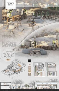 an architectural drawing shows the interior and exterior of a restaurant with tables, chairs, and other