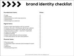 the brand identity checklist is shown in black and white, with an arrow pointing to it