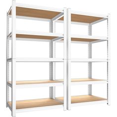 three white shelvings with wooden shelves on each side and one shelf in the middle