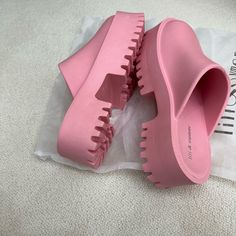 Size 7. These Are So Fun I Have Them In Black, Pink, And Green. I Wear Them Every Day. But Great For The Pool And Beach Too!!! Casual Platform Slip-on Slides, Non-slip Flat Heel Clogs For The Beach, Casual Beach Slide Clogs, Pink Platform Slippers With Round Toe For Beach, Beach Slip-on Sandals With Chunky Platform, Pink Platform Slippers For Beach, Pink Round Toe Platform Slippers For Beach, Summer Open Toe Non-slip Clogs, Flat Beach Clogs With Rubber Sole