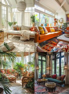 this is an image of a living room with lots of furniture and plants in it