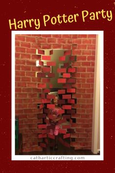 a harry potter party is shown with the image of a child standing in front of a brick wall