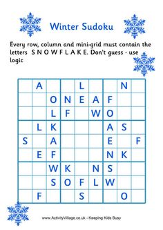 a crossword puzzle with the words winter sudoku and snowflakes on it